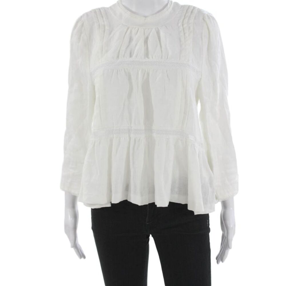 McGuire Women Basic White Cotton Mock Neck Long Sleeve Button Blouse Size M
